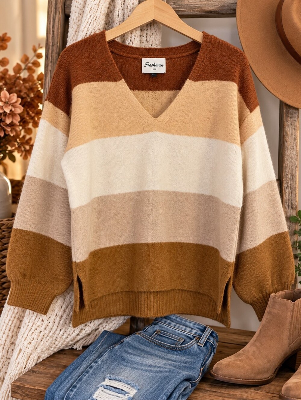 Freshman 1996 Colorblock V-Neck Oversized Sweater Size Small